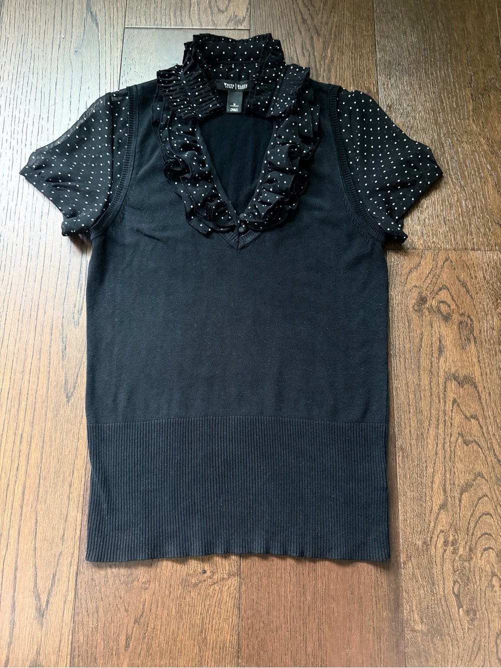 White House Black Market Black Ruffle V-Neck Polka Dot Sleeve Top